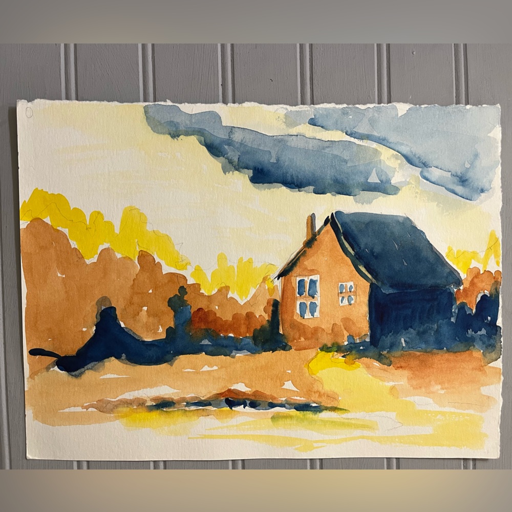 Rustic Landscape Original Watercolor Painting Blue Roof Cottage Abstract Nature